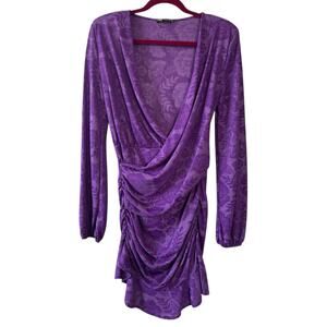 Zara Viral Purple Floral Jacquard Mini Dress Long Sleeves with Ruffles Medium
